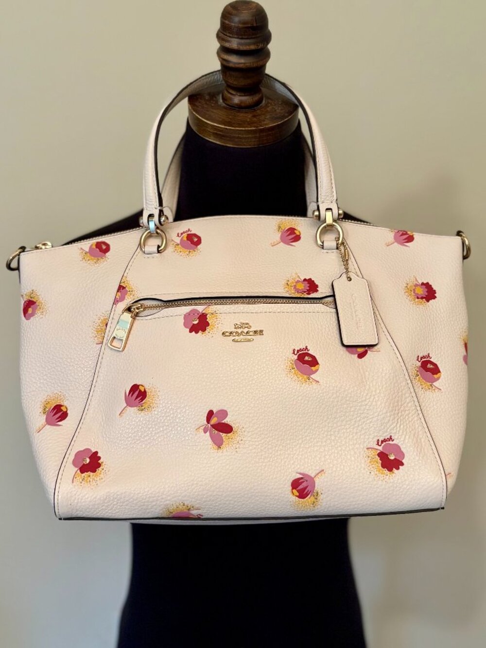 NWT Coach Prairie Satchel Leather Handbag with Pop Floral Print Cream/Pink/Red